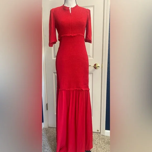 open lace back dress Rubyyaya Satana Shirred Maxi Dress